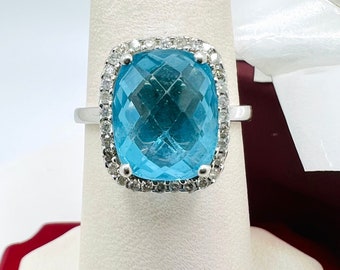 14K White Gold Blue Topaz & Diamond 0.35ct Ring Size 7.25