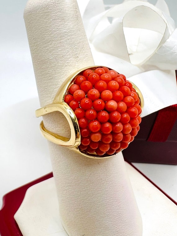 14K Yellow Gold Coral Cocktail Ring Size 6.5 - image 2