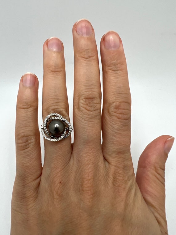 14K white Gold Black Pearl & Diamond 0.25ct Ring … - image 5