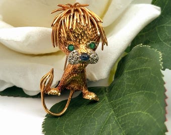 Broche Vintage Or Jaune 14 Carats Avec Diamant Et Rubis - Tête De Lion - 7,6 Grammes