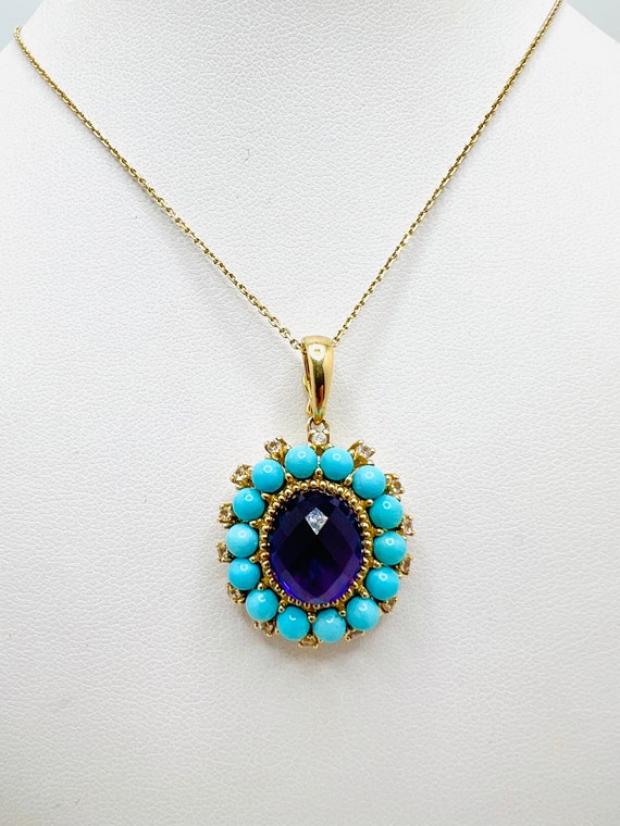 10K Yellow Gold Diamond, Turquoise & Amethyst Flo… - image 3