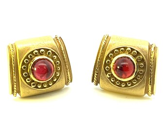 Vintage 18K Yellow Gold Garnet Omega Back Earrings