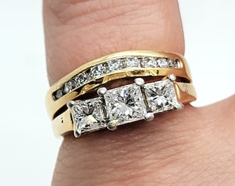 Wedding Band Set Handmade 14K Yellow Gold Diamond Ring Size 4.5