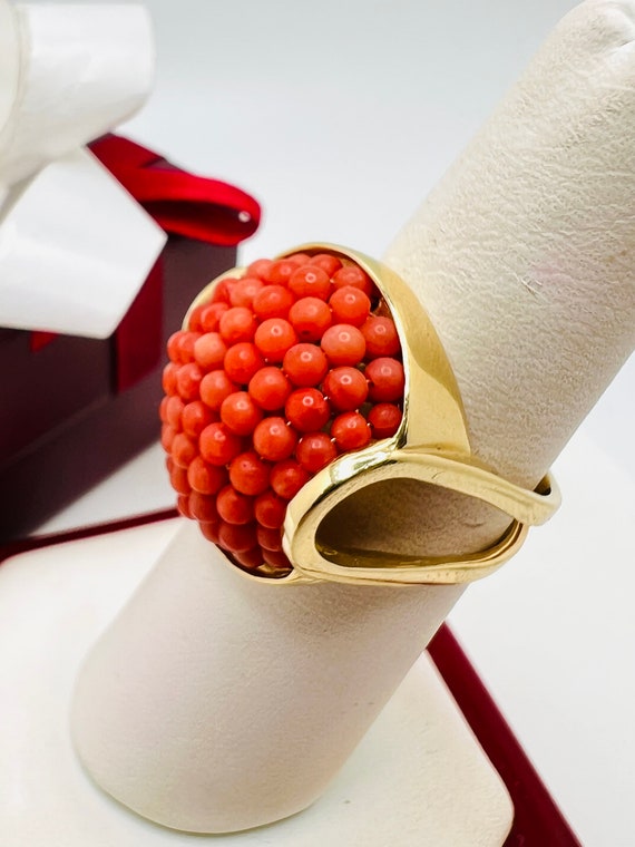 14K Yellow Gold Coral Cocktail Ring Size 6.5 - image 3