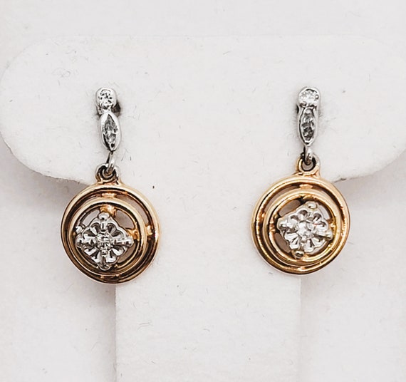 14K Two Tone Solid Gold, Diamond Earrings