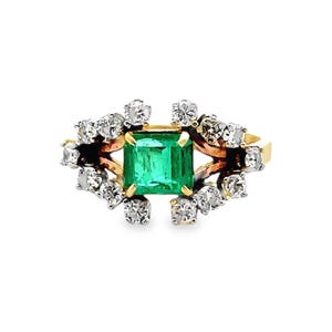 Vintage Emerald & Diamond 0.49ct Ring Size 5.5 in 14K Yellow Gold