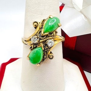 Anello vintage in oro giallo 14K con giada e diamanti da 0,15 ct, misura 8