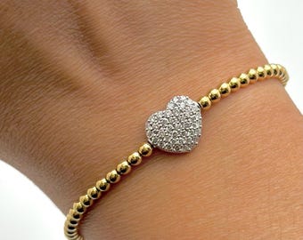Dehnbar 14K zweifarbiges Gelb- und Weißgold Pave Diamant 0,30 Karat Herz Perlen Armband