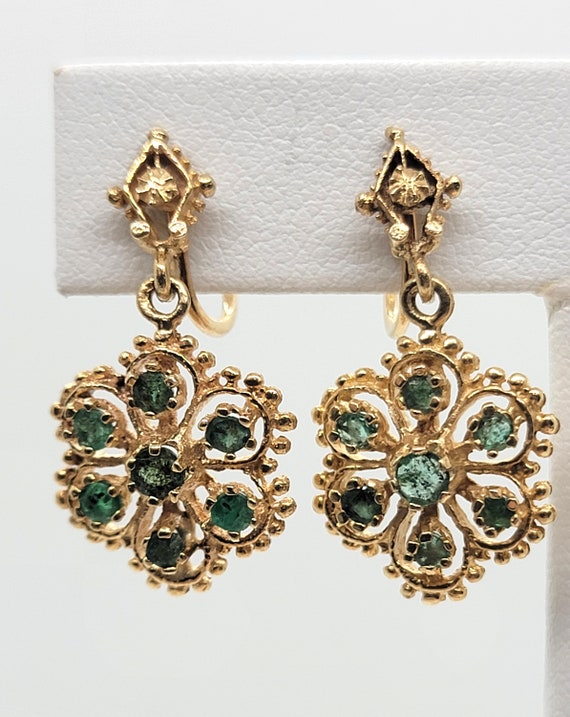 Emerald Floral Earrings, 14K Yellow Gold - image 1