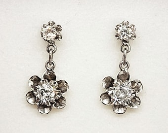Diamond 0.64ct 14K White Gold Dangle Drop Flower Earrings