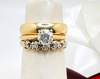 14K Yellow Gold Diamond 0.45ct Wedding Band Combined Rings Set Size 4.25