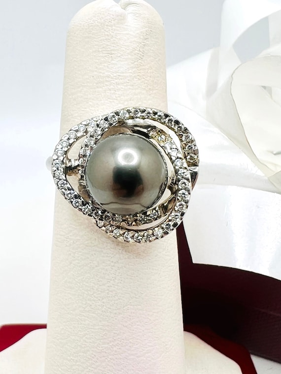 14K white Gold Black Pearl & Diamond 0.25ct Ring … - image 1