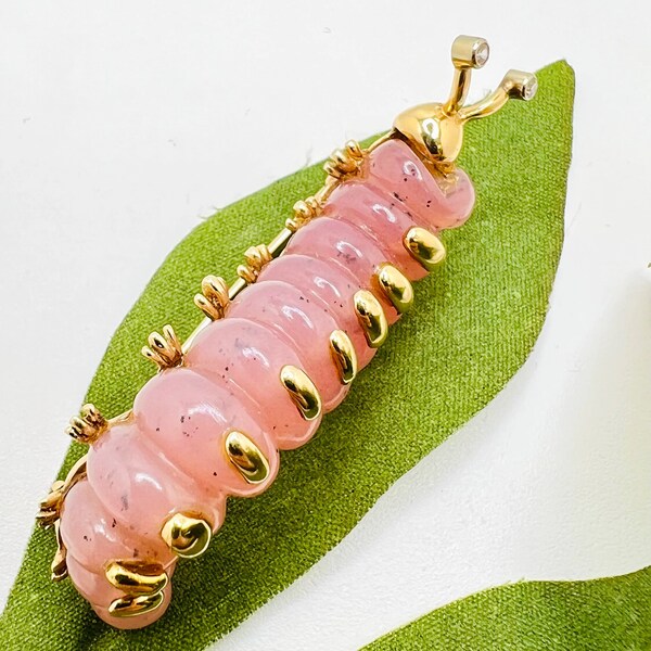 18K Yellow Gold Pink Quartz Caterpillar Brooch Pin