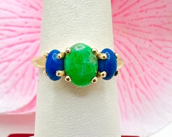 14K Yellow Gold Lapis & Jade Ring Size 6.5