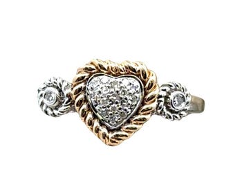 Vintage 14K Gold Diamond Pave Heart Ring, Two Tone, Size 5.75