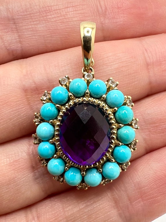 10K Yellow Gold Diamond, Turquoise & Amethyst Flo… - image 10