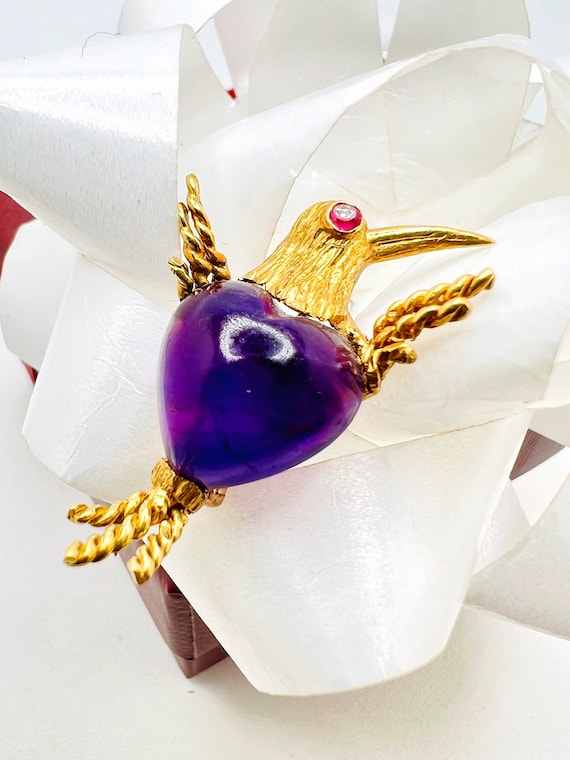 18K Yellow Gold Amethyst Bird Brooch Pin