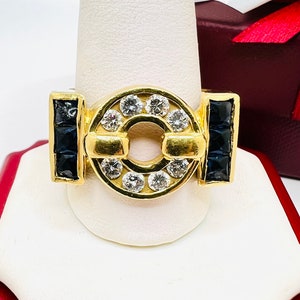 Vintage 14K Yellow Gold Diamond 0.75ct Blue Sapphire Men’s Ring Size 10.75