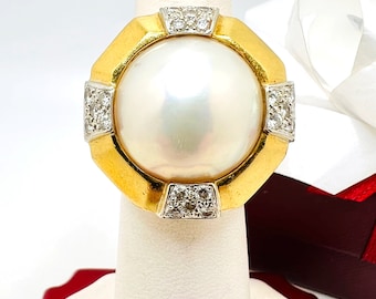 18K Yellow Gold Pearl Diamond 0.60ct Ring size 5.25