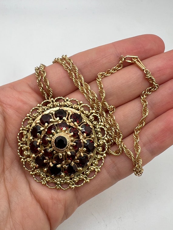 14K Yellow Gold Garnet Round Necklace Pendant Bro… - image 9