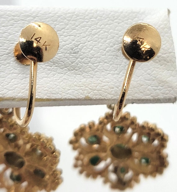 Emerald Floral Earrings, 14K Yellow Gold - image 3