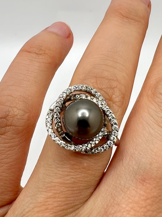 14K white Gold Black Pearl & Diamond 0.25ct Ring … - image 4