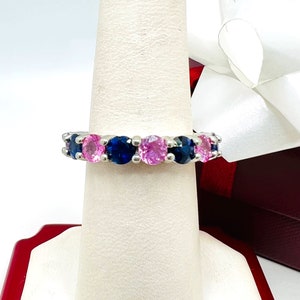 Platinum Gold Sapphire & Pink Amethyst Band Ring size 7