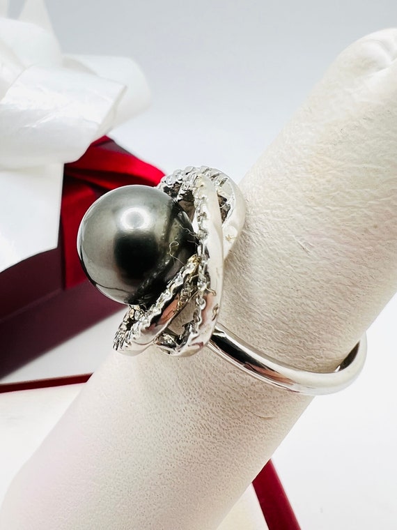 14K white Gold Black Pearl & Diamond 0.25ct Ring … - image 3