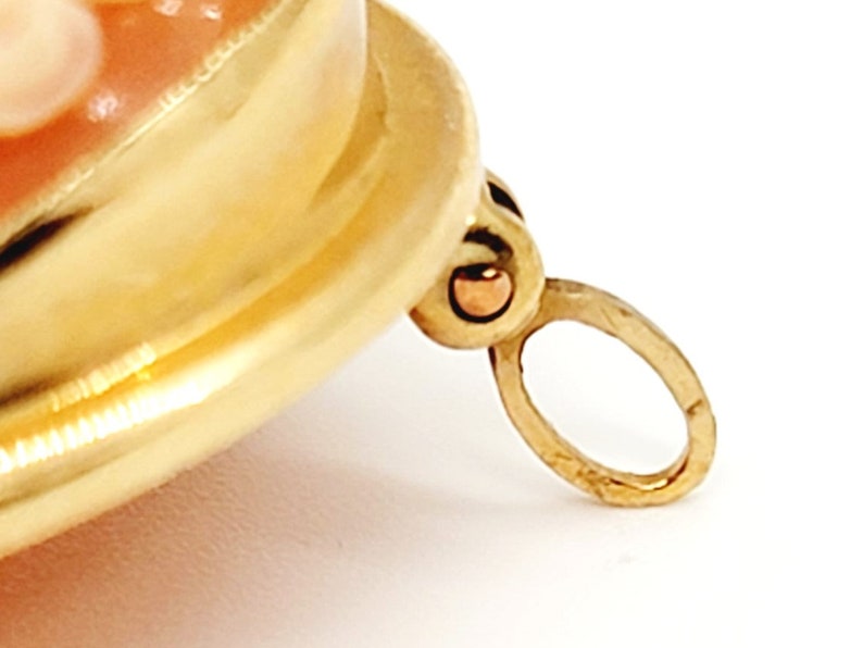 May include: A gold-toned pendant featuring a pink and white shell cameo. The pendant has a loop for attaching to a chain.