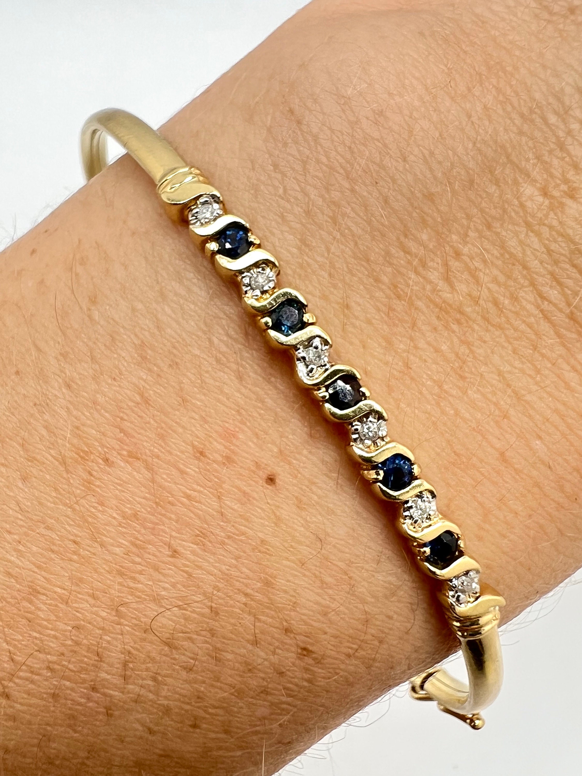14K Yellow Gold Diamond & 0.06ct Blue Sapphire Bangle