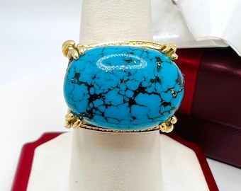 18K gult guld turkos & diamant 0,01ct vintage handgjord ring storlek 7