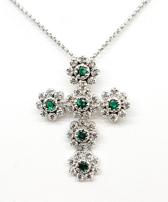 14K White Gold Diamond 0.50ct & Emerald Floral Ne… - image 4