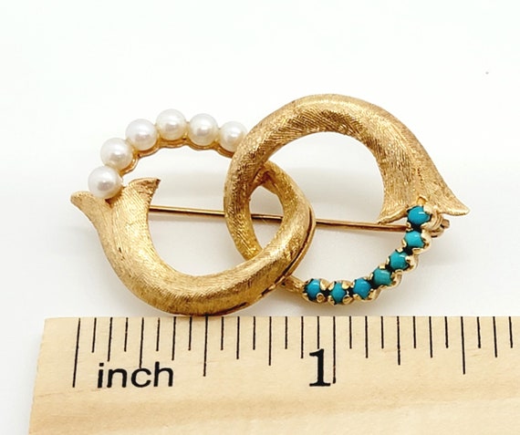 14K Yellow Gold Turquoise Pearl Pin Brooch - image 7