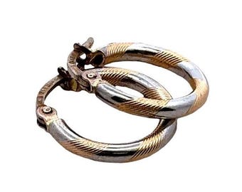 Vintage Two Tone 14K Yellow and White Solid Gold Tiny Hoop Earrings