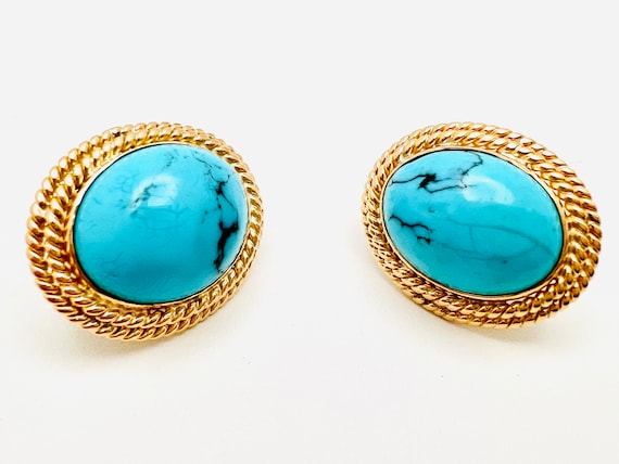 Vintage 14K Yellow Gold Turquoise Oval Rope Earri… - image 1