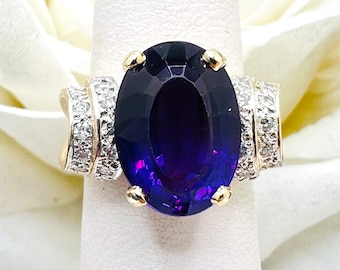 Anillo de cóctel de oro amarillo de 14 quilates con amatista y diamantes de 0,24 ct, talla 5,5