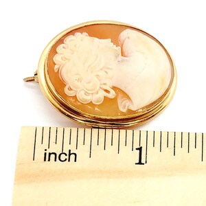 May include: A gold-toned cameo brooch featuring a carved shell cameo of a woman's profile. The cameo is set in a gold-toned oval frame. The brooch measures approximately 2.5 cm in diameter.