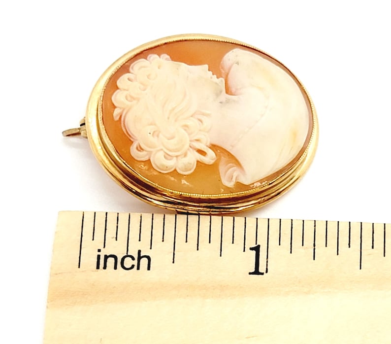 May include: A gold-toned cameo brooch featuring a carved shell cameo of a woman's profile. The cameo is set in a gold-toned oval frame. The brooch measures approximately 2.5 cm in diameter.