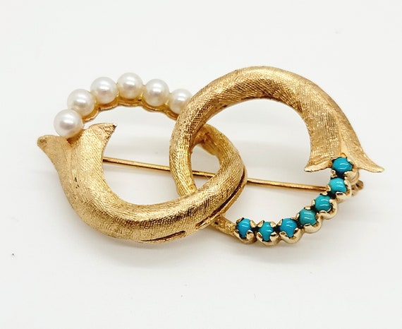 14K Yellow Gold Turquoise Pearl Pin Brooch - image 1