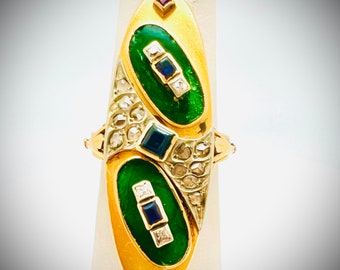 18K Yellow Gold Vintage Estate Multicolor Gemstone Diamond Enamel Ring, Size 5 1/2