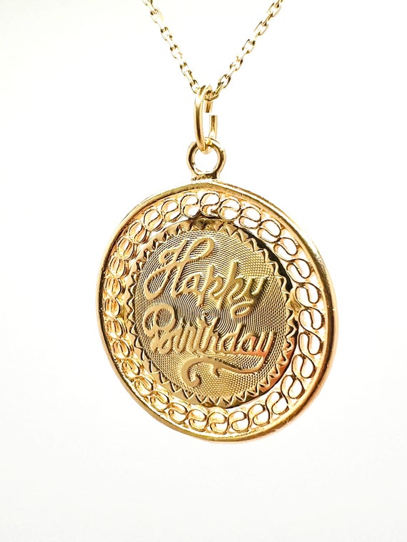 14K Yellow Gold Happy Birthday Round Charm Pendant