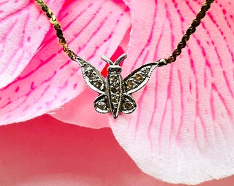 14K Two Tone Gold Diamond 0.09ct Butterfly Necklace Pendant 18 Inch