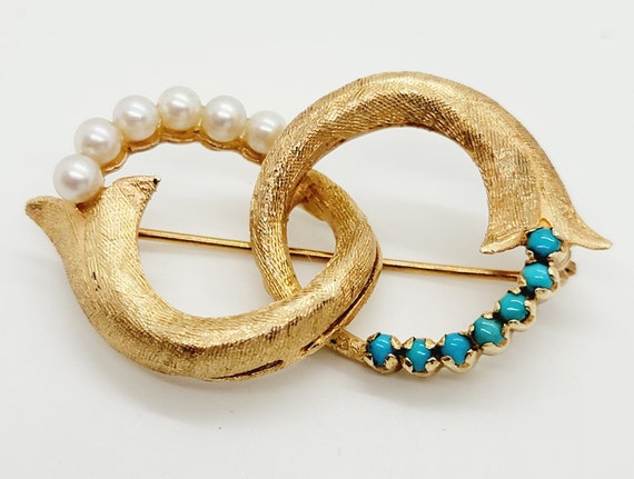 14K Yellow Gold Turquoise Pearl Pin Brooch - image 4