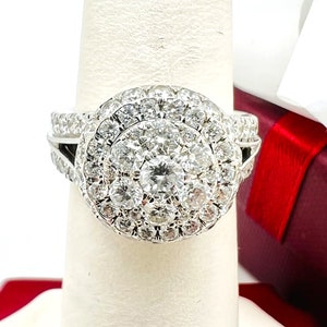 14K White Gold Diamond 2.20ct Cluster Double Frame Halo Engagement or Cocktail Ring Size 5.75