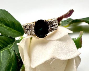 14K Yellow Gold Dark Blue Sapphire Diamond Ring, Size 6