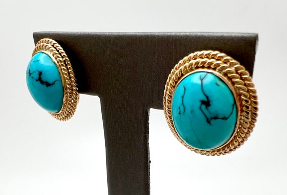 Vintage 14K Yellow Gold Turquoise Oval Rope Earri… - image 4