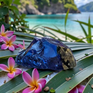 Puede incluir: Un objeto de vidrio azul oscuro, grande e irregular, con una superficie rugosa y texturizada. El vidrio descansa sobre una hoja de palma verde, rodeado de flores de plumeria rosas y amarillas. El fondo presenta una escena de playa tropical.