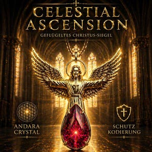 Könnte beinhalten: Goldfarbene Halskette mit einem Anhänger in Form eines Engels mit ausgebreiteten Flügeln und einem großen, roten Edelstein. Der Text "CELESTIAL ASCENSION" steht oben. Der Anhänger ist vor dem Hintergrund einer Kathedrale mit Buntglasfenstern platziert.