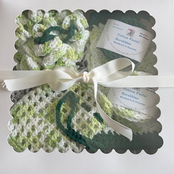 Crochet Spa Set Soap Saver Bag Mothers Day Gift Facial Scrubbies  Facial Cloth Handmade Crochet Variegated  Green Spa Set  Gifts Git Sets
