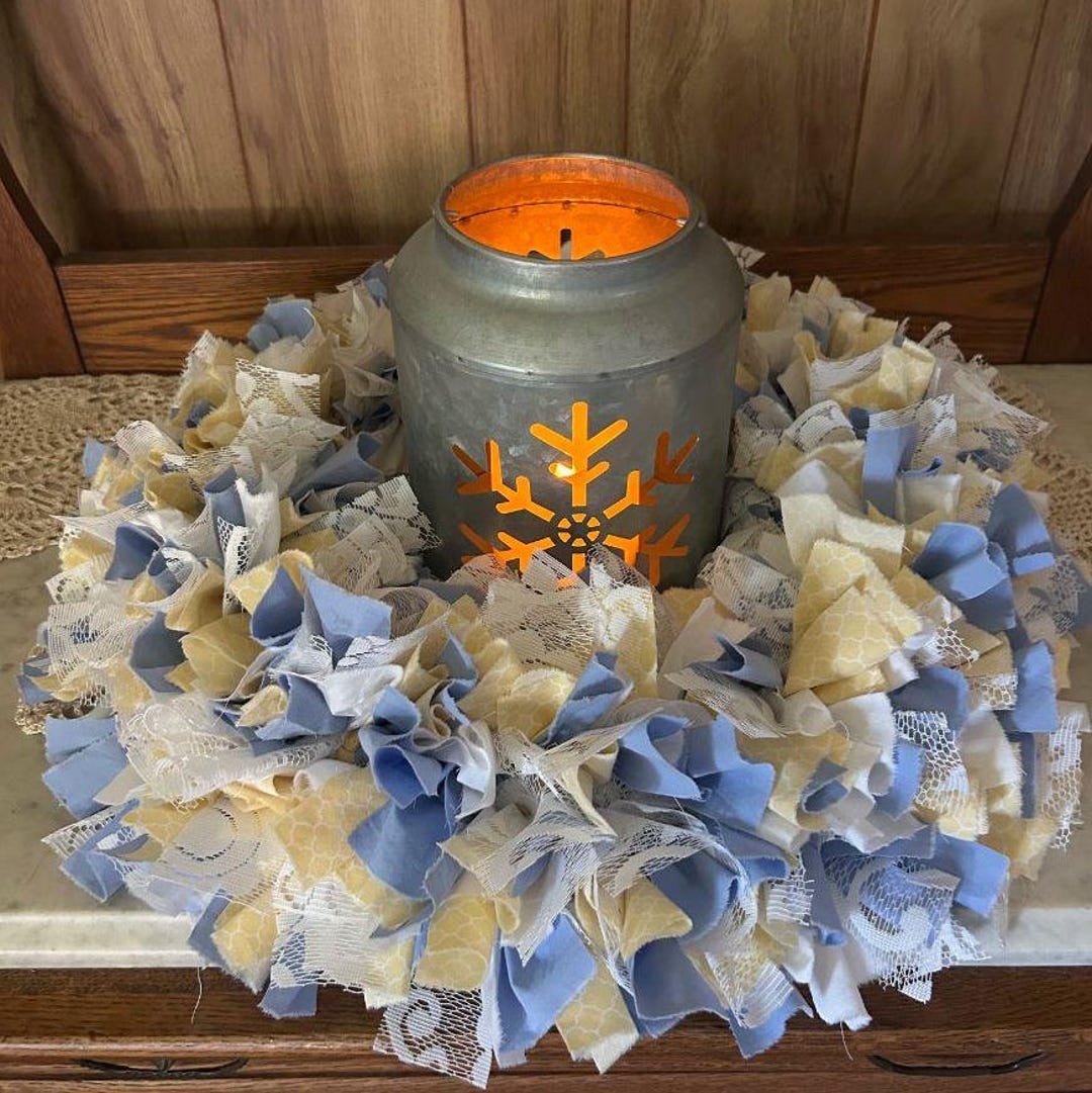 Round 20x20 Wreath Blue and Yellow Wreath Rag Wreath Farmhouse Look ...